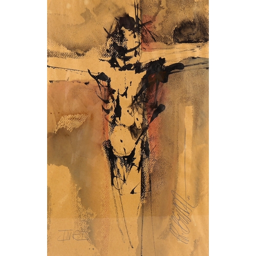 1508 - Ink/watercolour, crucifixion, indistinctly signed, 51cm x 33cm, framed