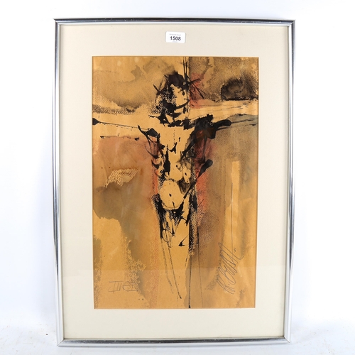 1508 - Ink/watercolour, crucifixion, indistinctly signed, 51cm x 33cm, framed