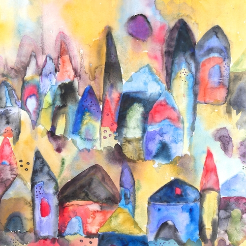 1511 - Watercolour, abstract town scene, circa 1970s, signed (bottom right partially under mount), 56cm x 5... 