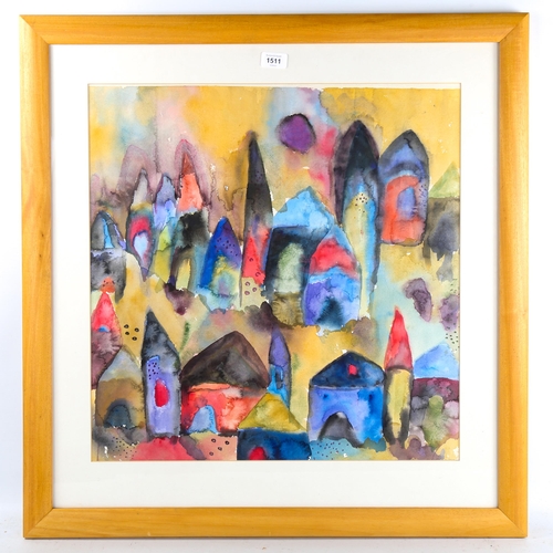 1511 - Watercolour, abstract town scene, circa 1970s, signed (bottom right partially under mount), 56cm x 5... 