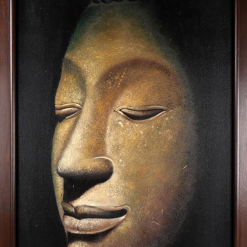 1512 - Acrylic on canvas, stone Buddha, unsigned, 80cm x 60cm, framed