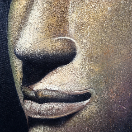 1512 - Acrylic on canvas, stone Buddha, unsigned, 80cm x 60cm, framed