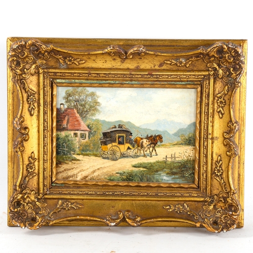 1513 - R Karol (born 1900), oil on panel, stagecoach in Alpine landscape, signed, 10cm x 16cm, framed