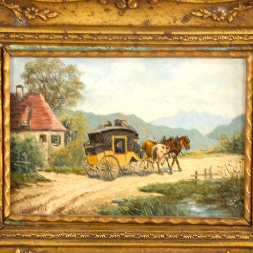 1513 - R Karol (born 1900), oil on panel, stagecoach in Alpine landscape, signed, 10cm x 16cm, framed