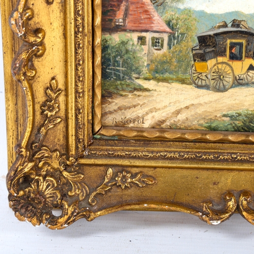 1513 - R Karol (born 1900), oil on panel, stagecoach in Alpine landscape, signed, 10cm x 16cm, framed