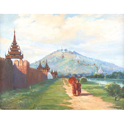 1515 - Kyi Winn, oil on canvas, Oriental temple scene, signed, 40cm x 50cm, framed