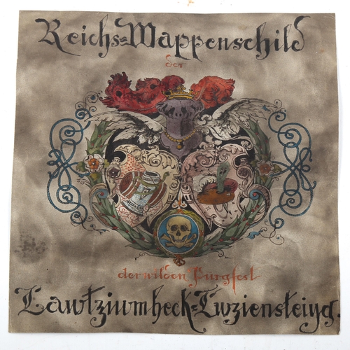 1518 - German School, double-sided watercolour on paper, heraldic shield, and knights on horseback on rever... 