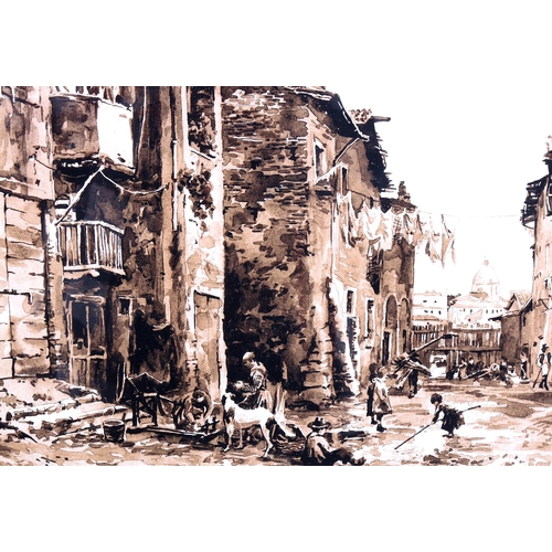 1519 - Sepia watercolour, Continental street scene, indistinctly signed, 20cm x 27cm, framed