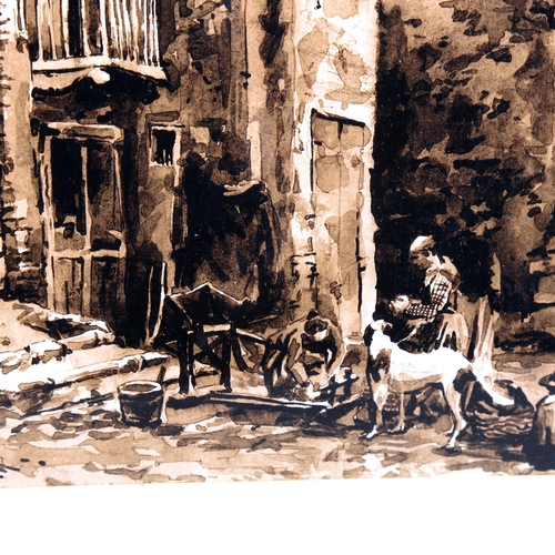 1519 - Sepia watercolour, Continental street scene, indistinctly signed, 20cm x 27cm, framed