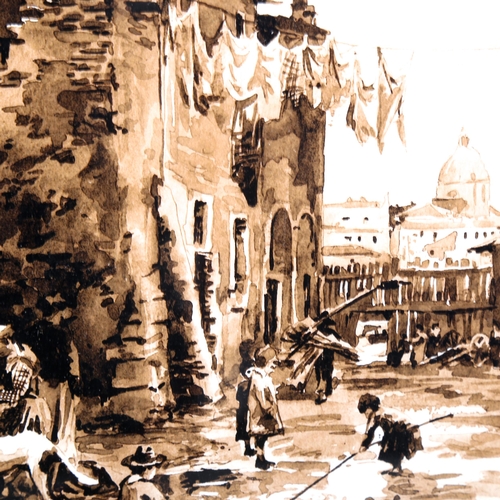 1519 - Sepia watercolour, Continental street scene, indistinctly signed, 20cm x 27cm, framed