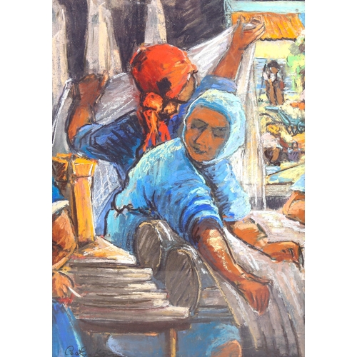 1520 - Coloured pastels, Continental women working, indistinctly signed, 38cm x 28cm, framed