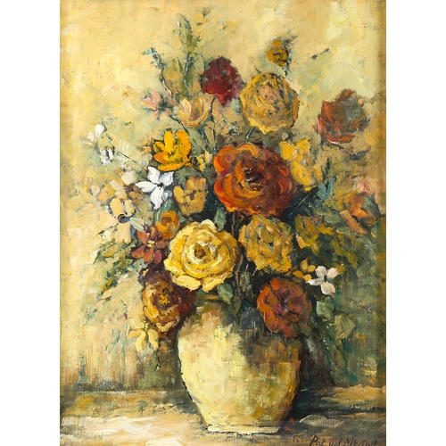 1521 - 20th century oil on canvas, still life flowers, indistinctly signed, 38cm x 28cm, framed