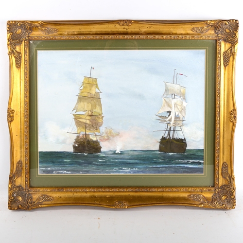 1524 - A Caldwell, watercolour, sea battle, signed, 33cm x 45cm, framed