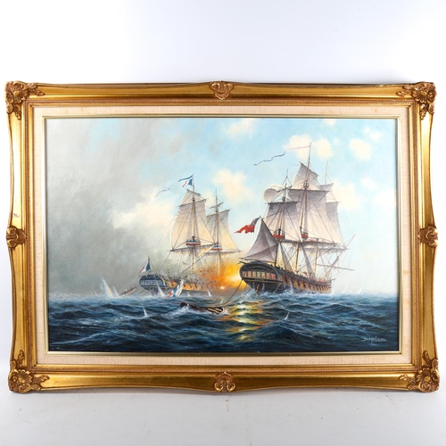 1526 - D Macleod, oil on canvas, sea battle scene, signed, 20