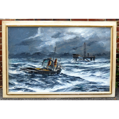 1527 - Harry Berry, large oil on canvas, oil rig and Dutch tug, signed, 80cm x 125cm, framed