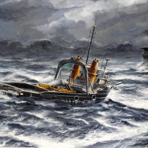 1527 - Harry Berry, large oil on canvas, oil rig and Dutch tug, signed, 80cm x 125cm, framed