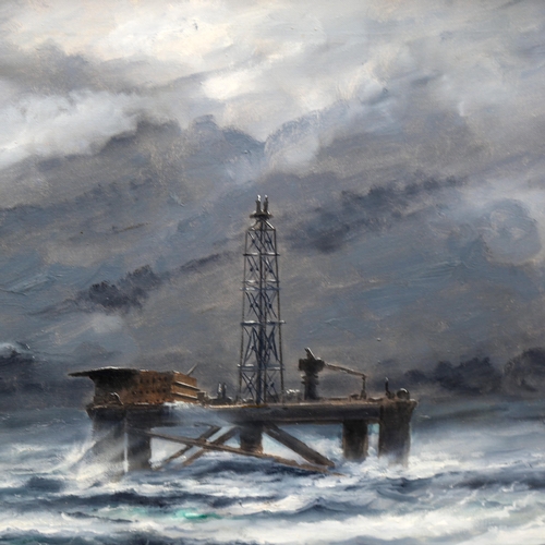 1527 - Harry Berry, large oil on canvas, oil rig and Dutch tug, signed, 80cm x 125cm, framed