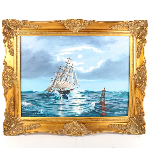 1533 - Keith English, oil on canvas, tall ship by moonlight, signed, 46cm x 61cm, framed