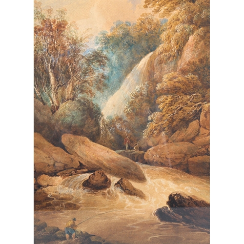 1538 - 19th century watercolour, fisherman by a waterfall, unsigned, 38cm x 22cm, framed