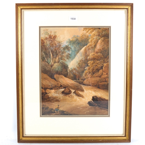 1538 - 19th century watercolour, fisherman by a waterfall, unsigned, 38cm x 22cm, framed