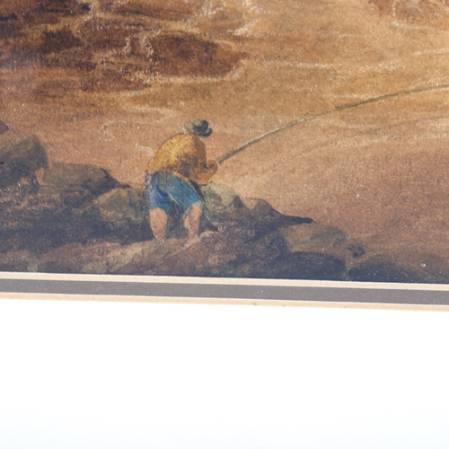 1538 - 19th century watercolour, fisherman by a waterfall, unsigned, 38cm x 22cm, framed