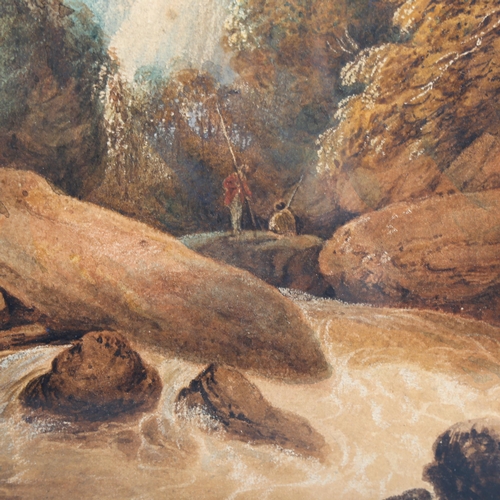 1538 - 19th century watercolour, fisherman by a waterfall, unsigned, 38cm x 22cm, framed