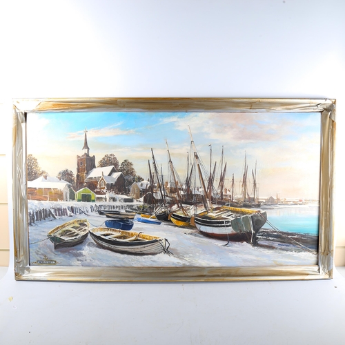 1543 - A Kennedy, oil on canvas, winter harbour, signed, 60cm x 114cm, framed