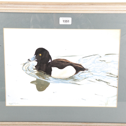 1551 - Michael Jevon, gouache on board, tufted duck, signed, 26cm x 36cm, framed