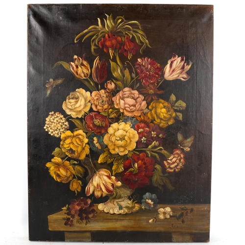 1555 - 19th century oil on canvas, Dutch style still life, signed with monogram EV, 67cm x 51cm, unframed