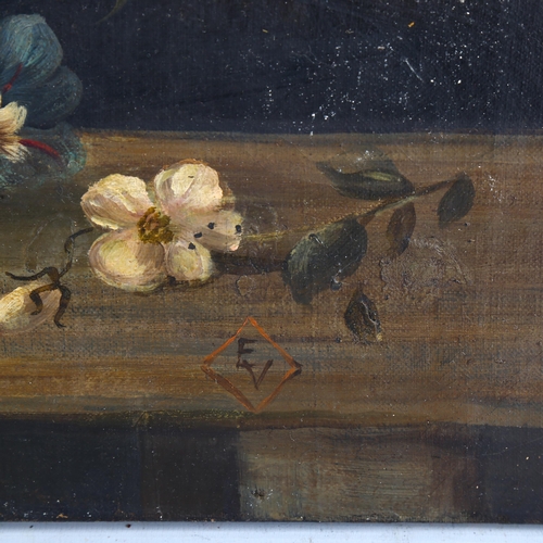 1555 - 19th century oil on canvas, Dutch style still life, signed with monogram EV, 67cm x 51cm, unframed