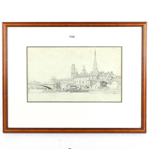 1556 - Douglas Smart (1879 - 1970), pencil drawing, Continental river scene, signed, 21cm x 36cm, framed