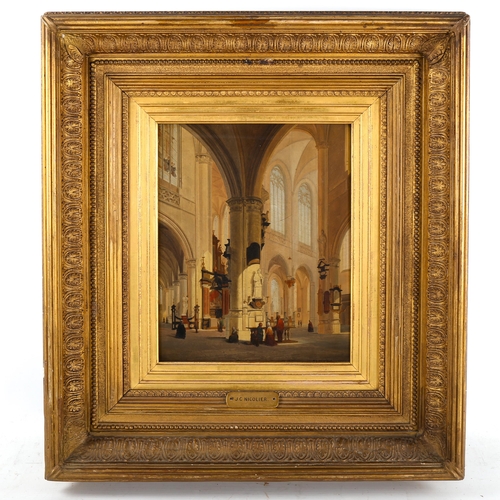 1560 - J C Nicolier, oil on wood panel, cathedral interior, 32cm x 24cm, framed