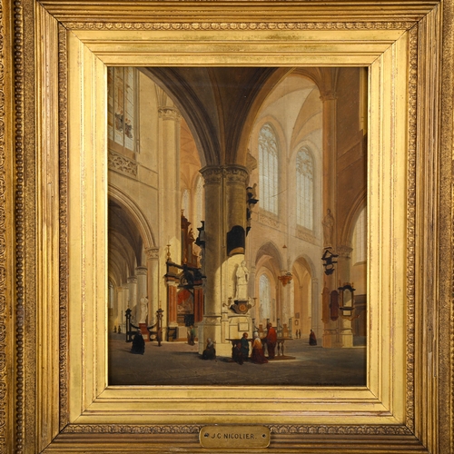 1560 - J C Nicolier, oil on wood panel, cathedral interior, 32cm x 24cm, framed