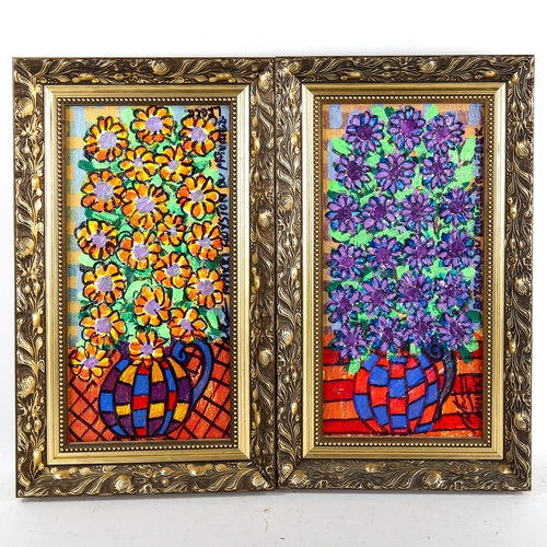 1563 - Royston Du Maurier-Lebek, pair of oils on board, fleur du monde, 40cm x 20cm, framed