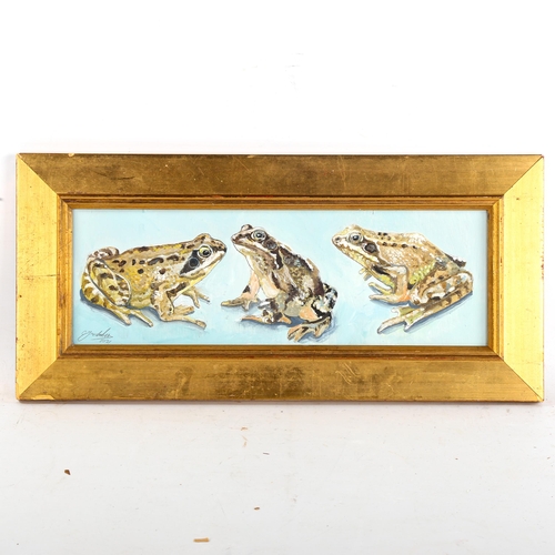 1571 - Clive Fredriksson, oil on board, 3 frogs, framed, overall frame dimensions 22cm x 47cm