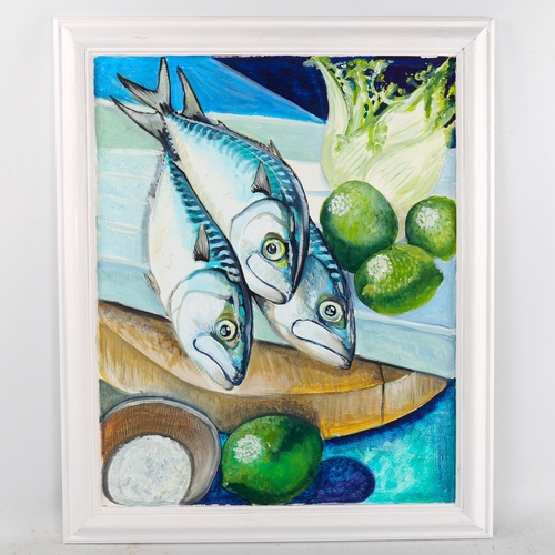 1572 - Clive Fredriksson, oil on board, 3 fish, painted frame, overall frame dimensions 59cm x 49cm