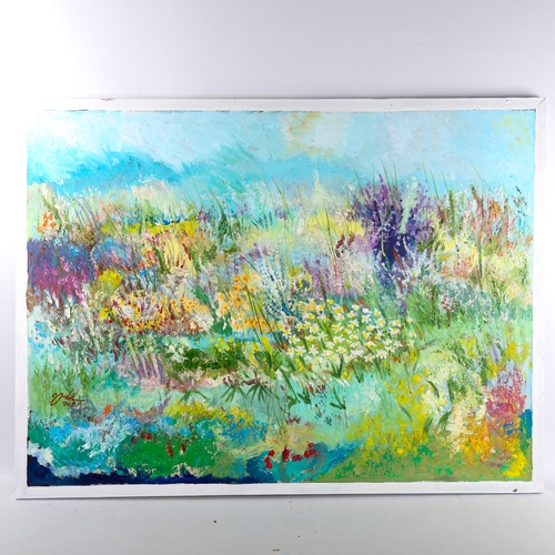 1576 - Clive Fredriksson, oil on canvas, flower garden, framed, overall frame dimensions 78cm x 105cm