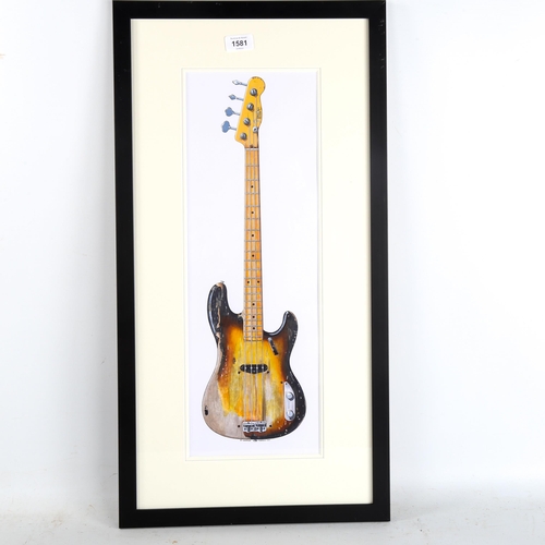 1581 - George Morgan, ink and watercolour, Sting's Fender bass guitar, signed, framed, overall frame dimens... 