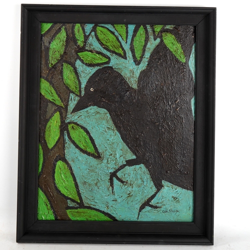 1584 - Carol Maddison, oil on board, black crow, framed, overall frame dimensions 60cm x 48cm