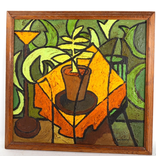 1586 - Carol Maddison, oil on board, modernist still life, framed, overall frame dimensions 54cm x 55cm