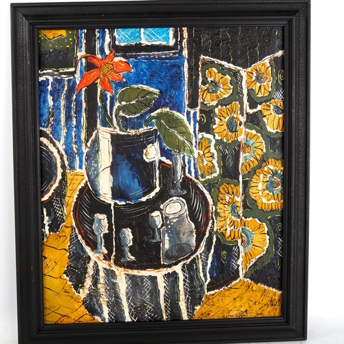 1588 - Carol Maddison, oil on canvas, modernist still life, framed, overall frame dimensions 64cm x 54cm