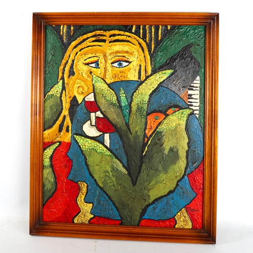 1589 - Carol Maddison, oil on board, modernist still life, framed, overall frame dimensions 66cm x 54cm