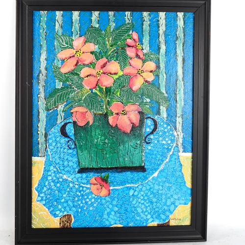 1590 - Carol Maddison, oil on board, modernist still life, framed, overall frame dimensions 69cm x 52cm