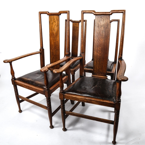 154 - A set of 4 Victorian Aesthetic Tabard Inn oak chairs (2 + 2), with original leather drop-in seats; M... 