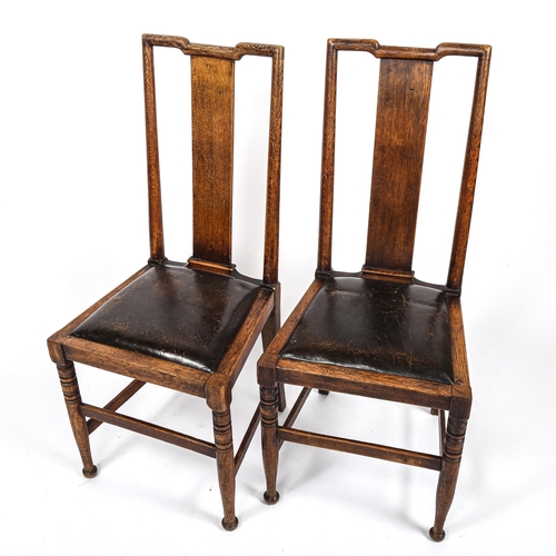 154 - A set of 4 Victorian Aesthetic Tabard Inn oak chairs (2 + 2), with original leather drop-in seats; M... 