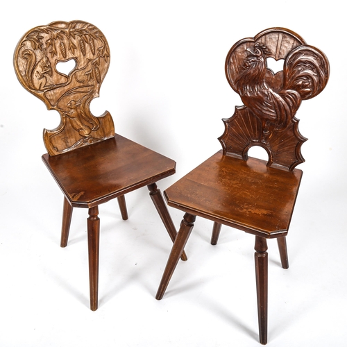 156 - A pair of German Brettstuhl / Tyrolean chairs by Hans Thoma of Bernau, with relief carved backs depi... 