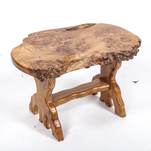 198 - In the manner of Alan Grainger (The Acorn Man), a small burr-elm low table on stretcher base, length... 