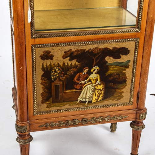 285 - A French vitrine cabinet, with glazed panels and painted panel below, width 57cm, height 152cm