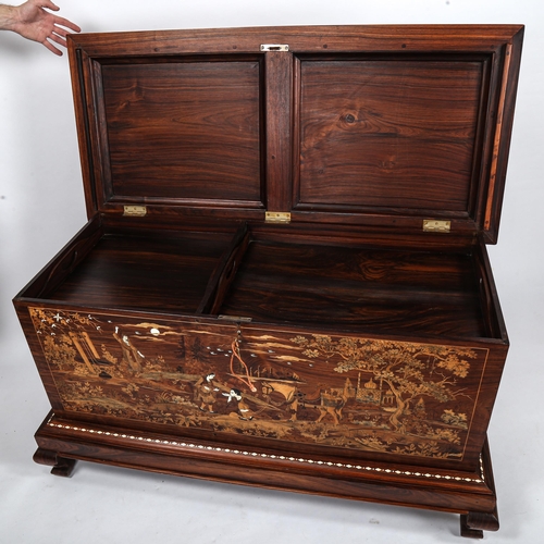 287 - An Anglo-Indian hardwood and bone inlaid chest, the lid and side panels inlaid with exotic woods dep... 