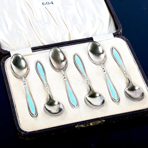 604 - A set of 6 George V Art Deco silver-gilt teal enamel teaspoons, by Docker & Burn Ltd, hallmarks Birm... 